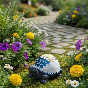 Estatua de tortuga hecha a mano y decorada con azulejos de cerámica y vidrio que muestran flores en una maceta azul.