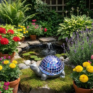 Cobalt Blue Mosaic Turtle Garden Statue, Handmade Concrete Turtle Sculpture, Outdoor Yard Art, Turtle Lover Gift, Patio Pond Decor