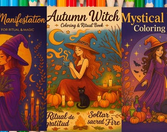 May include: Three coloring books with witch-themed illustrations. The covers feature witches in various settings with pumpkins, candles, and moons. Titles include "Witchy Manifestation," "Autumn Witch," and "Mystical Witch." The books are designed for ritual and magic.