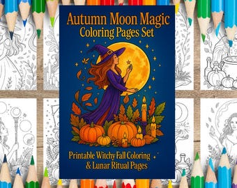 May include: A set of coloring pages with the title "Autumn Moon Magic Coloring Pages Set". The cover features a witch with a large moon, pumpkins, and candles. Surrounding the cover are other coloring pages and colored pencils.