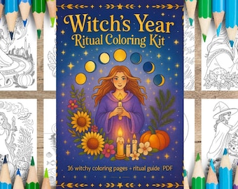 Pode incluir: Capa do 'Witch's Year Ritual Coloring Kit' com uma mulher segurando uma vela, rodeada por girassóis, velas e uma abóbora. A capa é azul escuro com letras e ilustrações douradas. Inclui 16 páginas para colorir e um guia ritual.