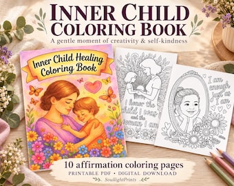 May include: An Inner Child Coloring Book with a colorful cover showing an adult and child surrounded by flowers and butterflies. Two black and white coloring pages are included, one featuring a person and child with the text I honor the child I was and the woman I am, and another showing a person in a mirror with the text I am enough just as I am.