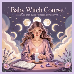May include: Digital illustration of a woman lighting a candle, with the text "Baby Witch Course" above her. The background features moons and stars. A book, crystals, and lavender are on the table. The overall color scheme is purple and lavender.