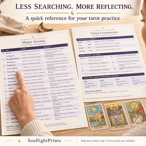 May include: Two white reference sheets for tarot practice with purple headers titled Major Arcana and Tarot Foundations, featuring lists of card meanings and keywords, displayed alongside three tarot cards: The Star, The Lovers, and The Sun.
