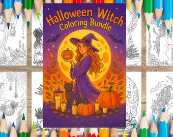 May include: A Halloween Witch Coloring Bundle cover features a witch holding a pumpkin, with a black cat, pumpkins, and candles. The background is a full moon. Surrounding the bundle are coloring pages and colored pencils.