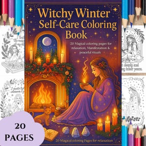 May include: A 'Witchy Winter Self-Care Coloring Book' with 20 magical coloring pages. The cover features a woman in a purple robe, a fireplace, candles, and a cat. The book includes illustrations and colored pencils.