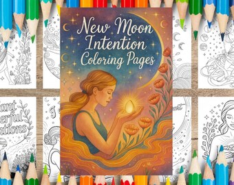 May include: A collection of coloring pages with a spiritual theme, featuring illustrations of women, flowers, and celestial elements. The central page reads "New Moon Intention Coloring Pages" and is surrounded by colored pencils.
