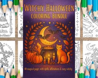 May include: A 'Witchy Halloween Coloring Bundle' cover with a purple background, featuring a crescent moon, bats, pumpkins, a cauldron, and a cat. Surrounding the cover are coloring pages and colored pencils.