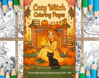 May include: A collection of coloring pages with a cozy witch theme. The central image features a witch sitting by a fireplace with pumpkins and a black cat. The text reads "Cozy Witch Coloring Pages" and "20 printable Autumn witchy scenes". Colored pencils frame the images.