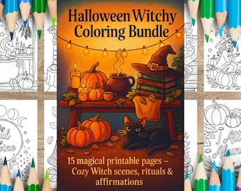 May include: A Halloween-themed coloring book bundle with the title "Halloween Witchy Coloring Bundle". The cover art features pumpkins, a black cat, a witch's hat, and the text "15 magical printable pages - Cozy Witch scenes, rituals & affirmations".