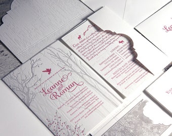 Letterpress Wedding Invitation Suite Birchbark birds forest woodland nature outdoors SAMPLE SET