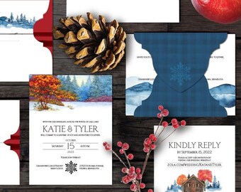 Wedding Invitation Digital Print Watercolor Painting Invitation Save the Date Thank You Set Winter Lodge Log Cabin Lake Up North Snow