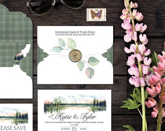 Wedding Invitation Digital Print  Watercolor Painting Save the Date Summer Great Lakes Lodge Up North Resort Lake SAMPLE SET