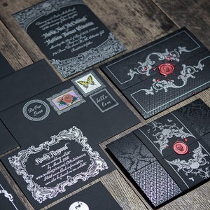 LETTERPRESS Black Wedding Invitation Victorian Gothic Silver Gold Pocketfold Bellyband Wax Seal Skull SAMPLE SET image 1