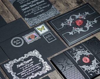 LETTERPRESS Black Wedding Invitation Victorian Gothic Silver Gold Pocketfold Bellyband Wax Seal Skull SAMPLE SET