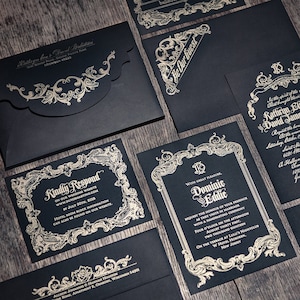LETTERPRESS Black Silver or Gold Victorian Gothic Pocketfold Bellyband Wax Seal Skull Wedding Invitation SAMPLE SET