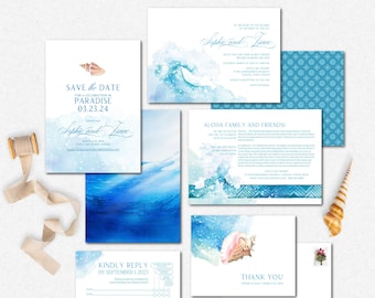 TEMPLATE BUNDLE (33) Hawaiian Wedding Invitation, Beach Ocean Destination Instant Download Printable Print On Demand Print at Home PDF