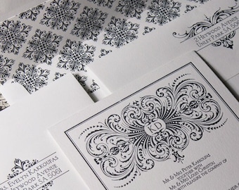 Letterpress Wedding Invitation Victorian Black Filigree Pocketfold SAMPLE SET