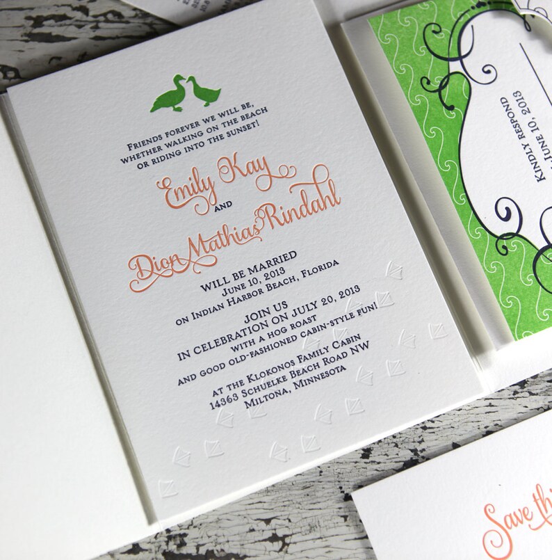 Letterpress Wedding Invitation Lakeside Duck Turtle Water Lake Pocketfold Bellyband Wax Seal SAMPLE SET image 3