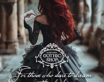 May include: A person with long red hair wearing a black off-the-shoulder dress with lace sleeves and black gloves, holding a white invitation. Text reads: RIVER TOWN GOTHIC SHOP, For those who dare to dream in the shadows, LUXURY WEDDING INVITATIONS.
