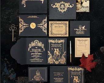 LETTERPRESS Gothic, Halloween, French, Wedding Invitation, Italian, Baroque, Metallic, Black, Gold, Silver, Bellyband, Foil, SAMPLE SET