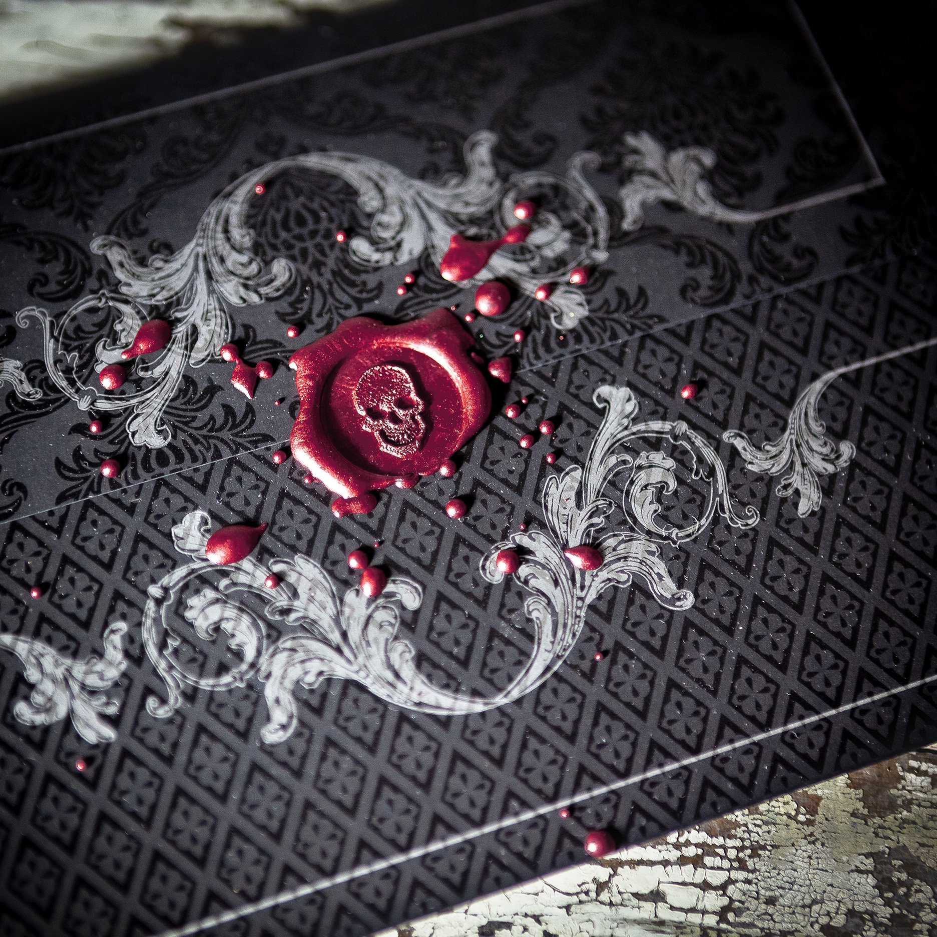 LETTERPRESS Black Gothic Wedding Invitation Silver Gold Victorian Wrap Bellyband Wax Seal Skull SAMPLE SET