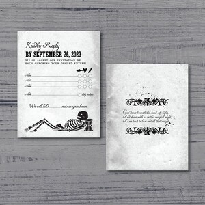May include: Two-sided invitation with a vintage, distressed look. The front features a skeleton lounging with an hourglass, and text requesting a reply by September 26, 2023. The back has decorative text.