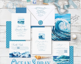 May include: A wedding stationery set featuring watercolor ocean wave illustrations, blue wax seals, and light blue ribbon. The cards include text such as Jessica and Brandon, Ocean Spray, and RSVP details with QR codes, arranged with seashells on a white surface.