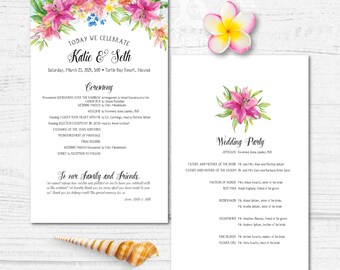 TEMPLATE Hawaiian Wedding Ceremony Card Tropical, Destination, Hibiscus, Instant Download, Printable, Print On Demand, Print at Home, PDF