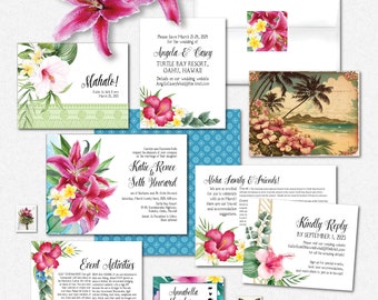 TEMPLATE BUNDLE (30) Hawaiian Tropical Wedding Invitation, Destination, Hibiscus, Instant Download, Printable, Print at Home, PDF