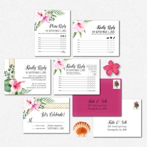 TEMPLATE Hawaiian Response Card set, RSVP, Tropical, Destination, Hibiscus, Instant Download, Printable, Print On Demand, Print at Home, PDF