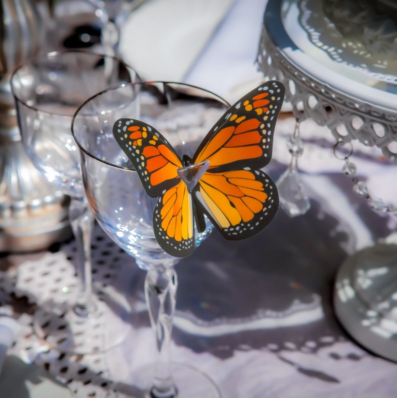 Monarch Butterfly colorful wedding decoration table scape nature Wine Glass Topper Set of 25 image 5