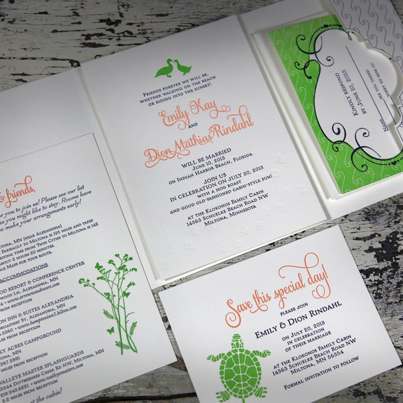 Letterpress Wedding Invitation Lakeside Duck Turtle Water Lake Pocketfold Bellyband Wax Seal SAMPLE SET image 5