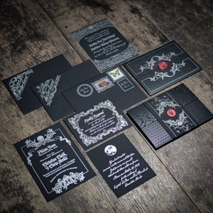 LETTERPRESS Black Gothic Wedding Invitation Silver Gold Victorian Wrap Bellyband Wax Seal Skull SAMPLE SET image 2