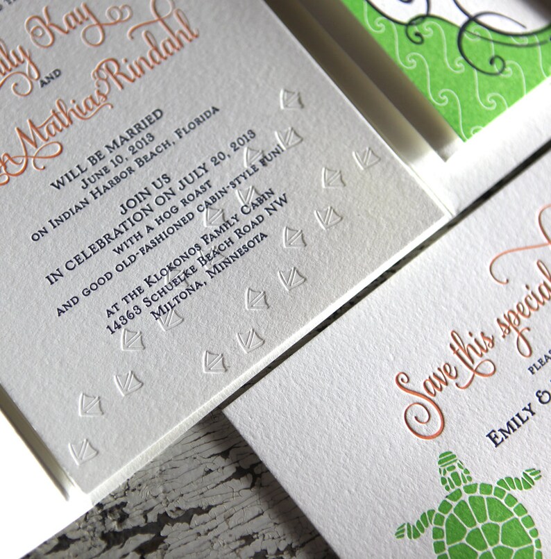 Letterpress Wedding Invitation Lakeside Duck Turtle Water Lake Pocketfold Bellyband Wax Seal SAMPLE SET image 2