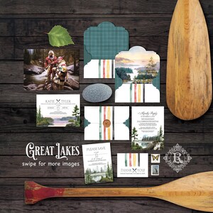 May include: A wedding stationery set featuring a photograph of two people in outdoor gear, a landscape illustration of a lake and forest, envelopes with watercolour stripes, a wax seal, a save the date card, a thank you card, and two small stamps.