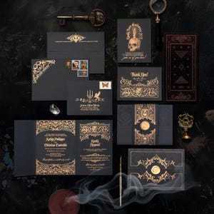 LETTERPRESS Black Gold Victorian Gothic Bellyband Wax Seal Skull Wedding Invitation 5x7 SAMPLE SET