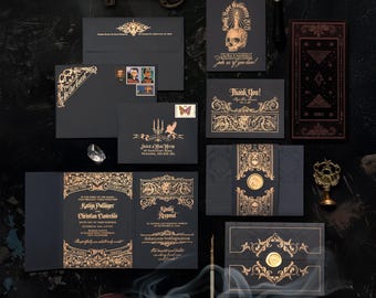 LETTERPRESS Black Gold Victorian Gothic Bellyband Wax Seal Skull Wedding Invitation 5x7 SAMPLE SET