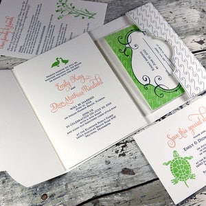 Letterpress Wedding Invitation Lakeside Duck Turtle Water Lake Pocketfold Bellyband Wax Seal SAMPLE SET image 4