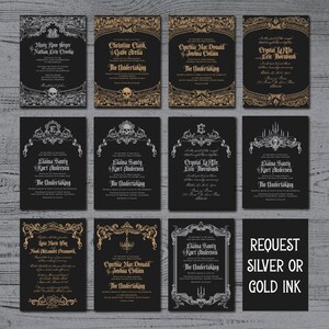 LETTERPRESS Black Wedding Invitation Victorian Gothic Silver Gold Pocketfold Bellyband Wax Seal Skull SAMPLE SET image 4