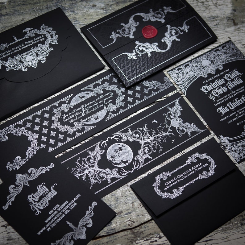 LETTERPRESS Black Wedding Invitation Victorian Gothic Silver Gold Pocketfold Bellyband Wax Seal Skull SAMPLE SET image 3