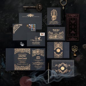 LETTERPRESS Black Silver or Gold Victorian Gothic Pocketfold Bellyband Wax Seal Skull Wedding Invitation SAMPLE SET