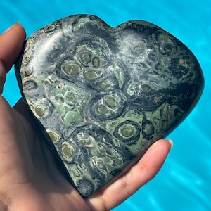 7” XL Crystal Heart Carving Green Kambaba Jasper Stone