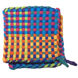 May include: A colorful woven potholder in a square shape. The potholder features a checkerboard pattern in shades of blue, green, pink, orange, yellow, and purple. A loop is attached for hanging. The item is designed for kitchen use.