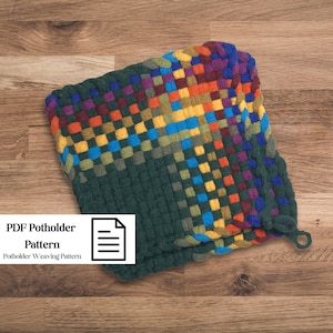 May include: A woven potholder with a colorful, checkered pattern. The potholder features a dark green base that transitions into a vibrant array of orange, yellow, blue, and purple squares. The text "PDF Potholder Pattern" is visible on the lower left.