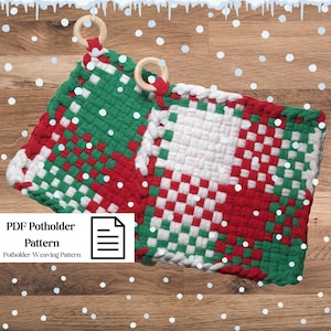 May include: Two woven potholders in red, green, and white with wooden ring handles. The potholders have a checkerboard pattern and are decorated with white dots. The text "PDF Potholder Pattern" is visible on a white rectangle.