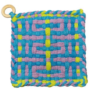 May include: A square, woven hot pad in shades of blue, lavender, and yellow. The design features a geometric pattern with a wooden ring attached to one corner. The text "friendly loom" is visible on the ring.