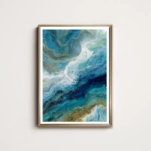 Abstract Ocean Wave Art Print: Blue, Turquoise, Green & Gold (Digital Download, 11 Sizes)