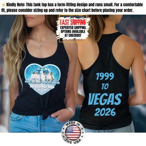 May include: Black tank top featuring a heart-shaped graphic with the text "Millennium Backstreet Boys" and an image of the band. The back of the tank top has the text "1999 to Vegas 2026" in blue.