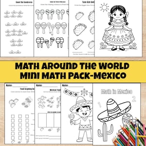 Mini paquete de matemáticas de México: clasificación de tacos, patrones de maracas, conteo y gráficos. Hojas de trabajo imprimibles para preescolar y jardín de infantes.